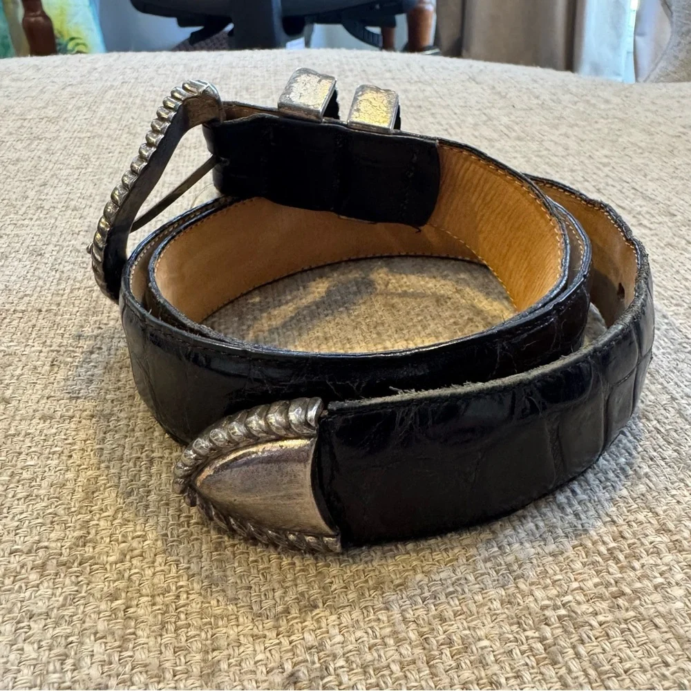Vtg 1993 - Brighton - Alligator Embossed Leather Belt -Black & Silver - S/M